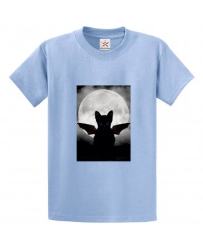 Batcat With Moon Behind Classic Unisex Kids and Adults T-Shirt for Halloween